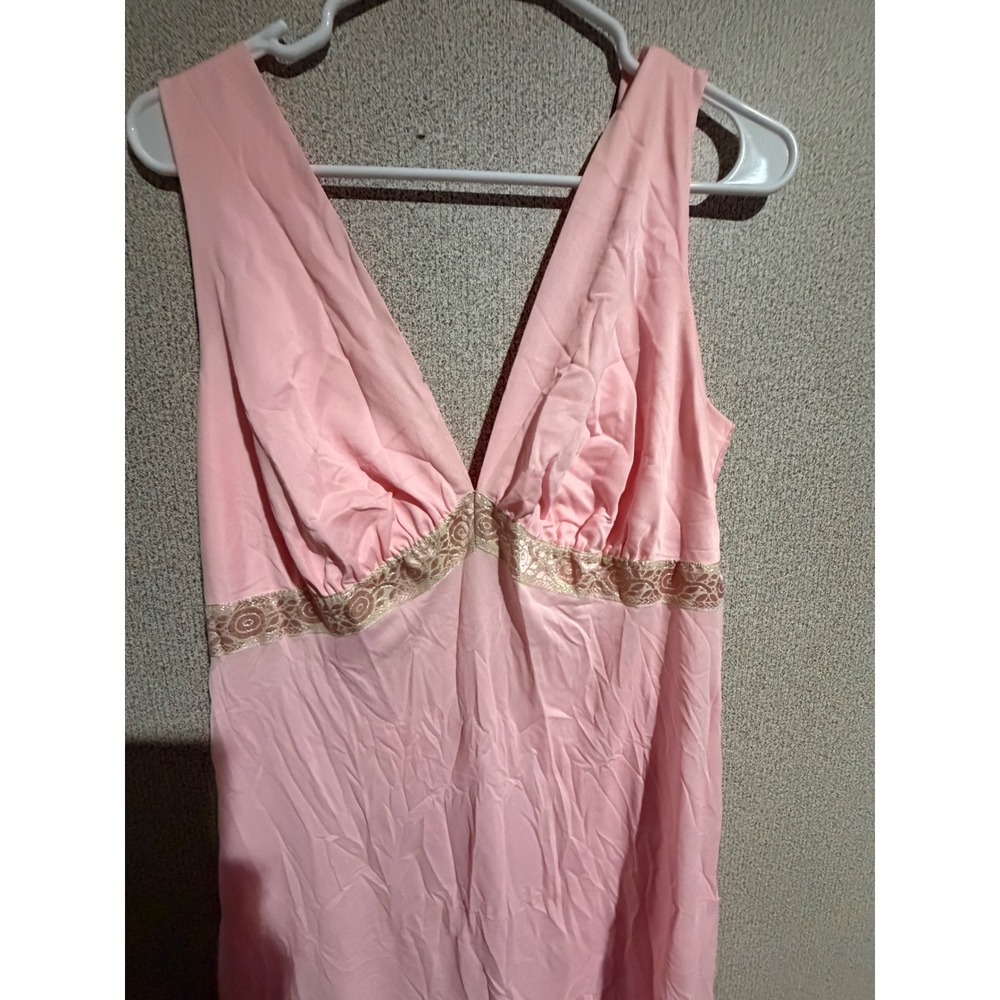 Vintage Pink Peignoir Set Nightgown Robe Gold Lace Trim Maxi 2 Piece Loungewear - Picture 2 of 15